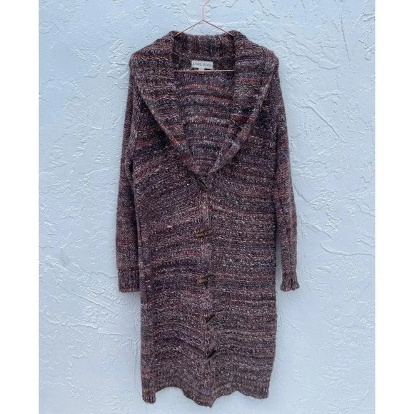 Knox Rose Womens Long Crochet Knit Cardigan Sweater Wool Coat Brown Sz L - Picture 1 of 12